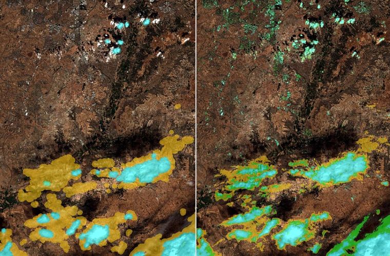 Máscaras de nubes de S-2: generadas con el L1c a la izquierda y generadas con Sen2Cor a la derecha